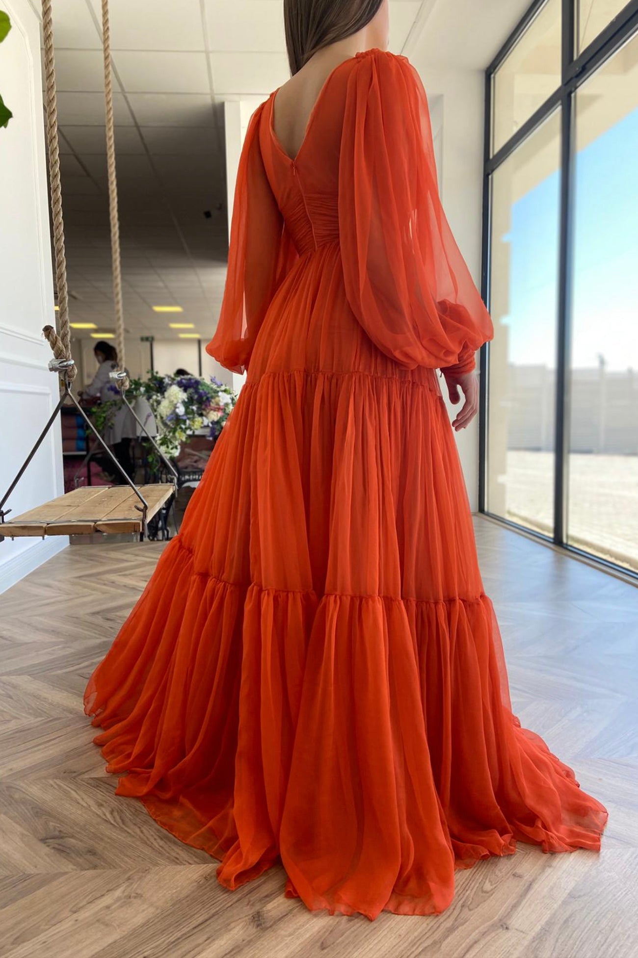 Iyla | Orange Chiffon Floor Length Prom Dress, Long Sleeve Evening Party Dress - Prom Dress - DYAVOR®