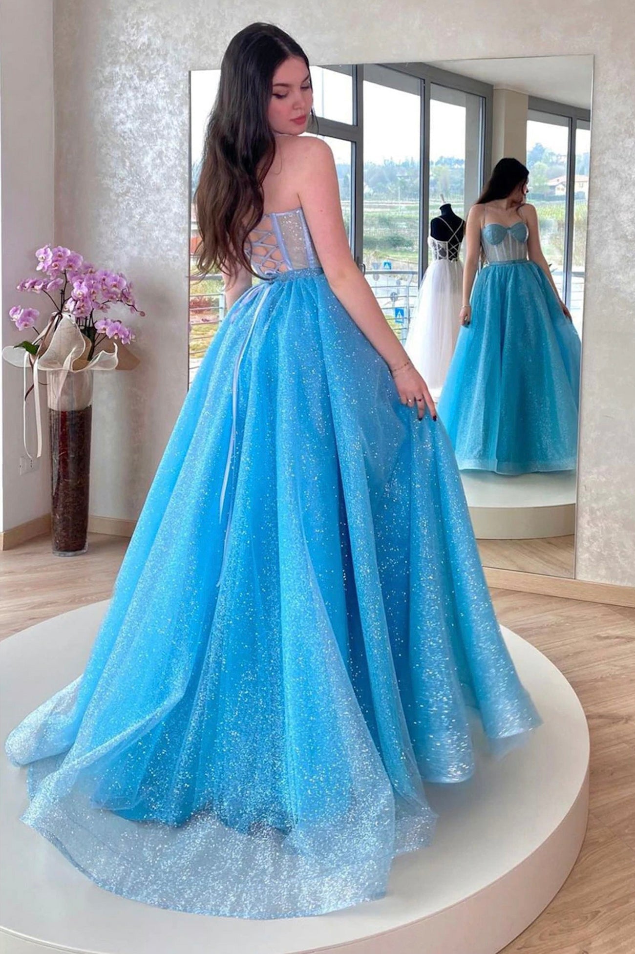 Mavis | Blue Tulle Long A-Line Prom Dress, Blue Lace-Up Evening Dress with Corset - Prom Dress - DYAVOR®