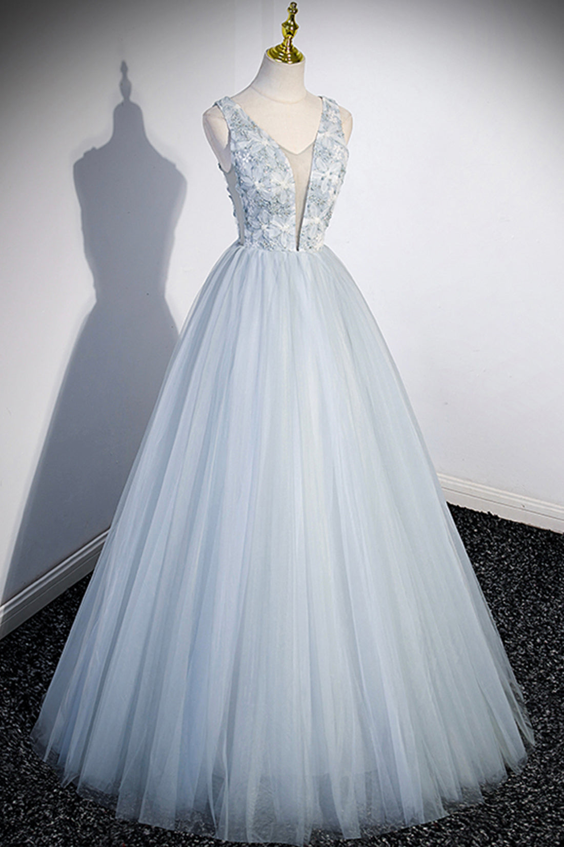 Angelica | Cute V-Neck Tulle Long Prom Dress, Gray Evening Dress Party Dress - Prom Dress - DYAVOR®
