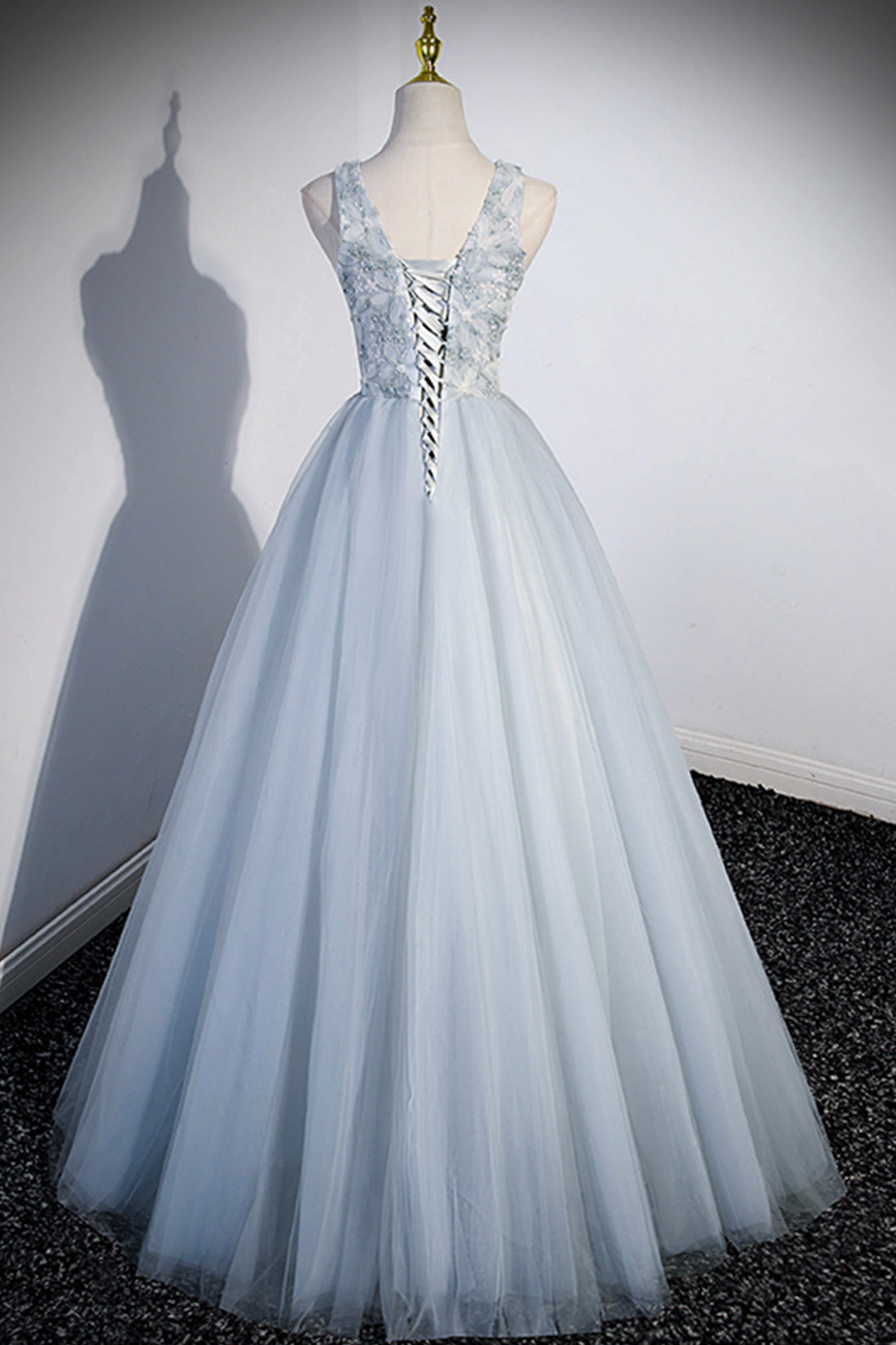 Angelica | Cute V-Neck Tulle Long Prom Dress, Gray Evening Dress Party Dress - Prom Dress - DYAVOR®