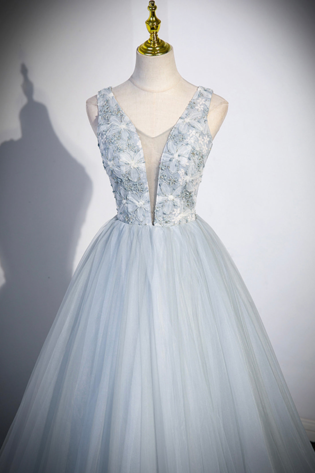 Angelica | Cute V-Neck Tulle Long Prom Dress, Gray Evening Dress Party Dress - Prom Dress - DYAVOR®
