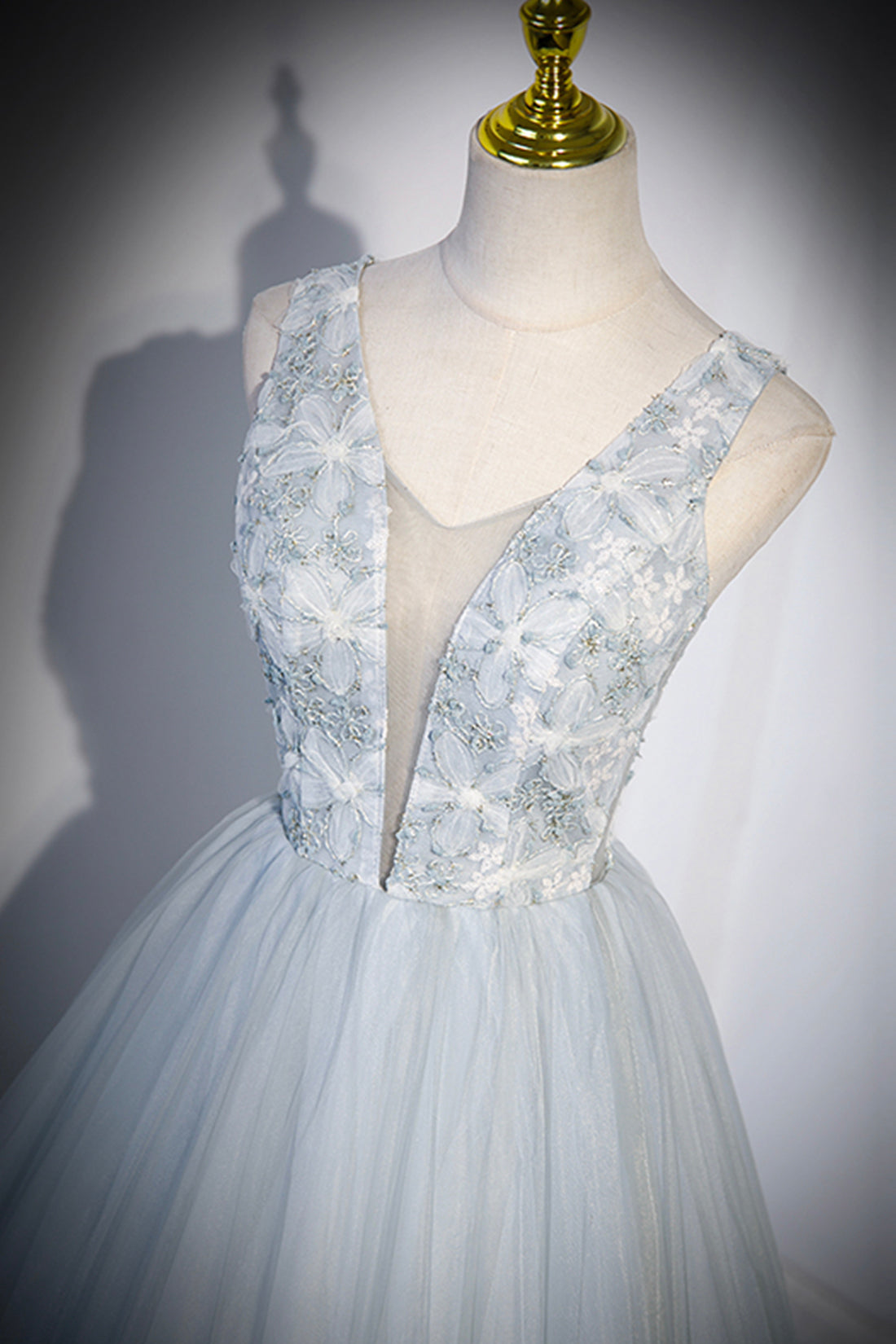 Angelica | Cute V-Neck Tulle Long Prom Dress, Gray Evening Dress Party Dress - Prom Dress - DYAVOR®
