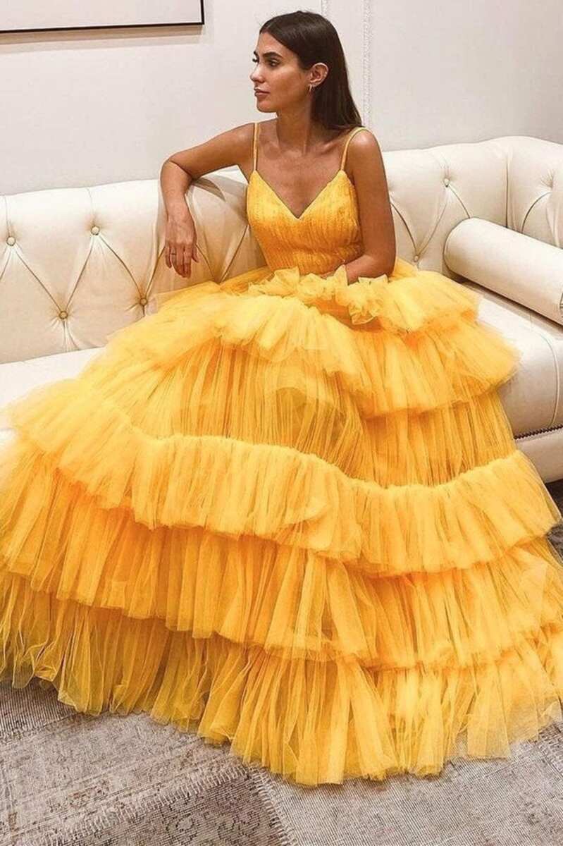 Princess Tiered Yellow Tulle Straps Backless Long Prom Dress - Prom Dress - DYAVOR®