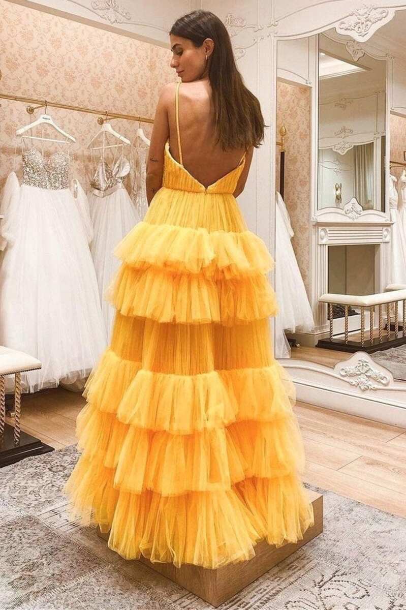 Princess Tiered Yellow Tulle Straps Backless Long Prom Dress - Prom Dress - DYAVOR®