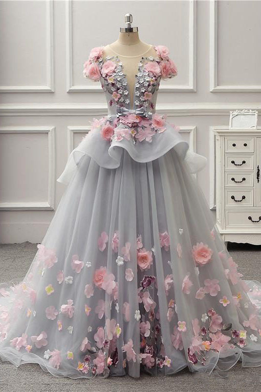 Becky | Elegant Lace-up Back Floral Appliques Grey Long Prom Dress - Prom Dress - DYAVOR®
