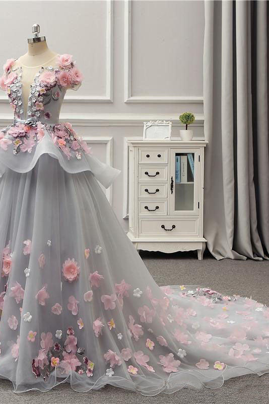 Becky | Elegant Lace-up Back Floral Appliques Grey Long Prom Dress - Prom Dress - DYAVOR®