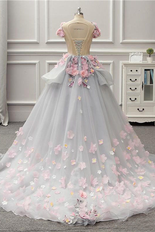 Becky | Elegant Lace-up Back Floral Appliques Grey Long Prom Dress - Prom Dress - DYAVOR®