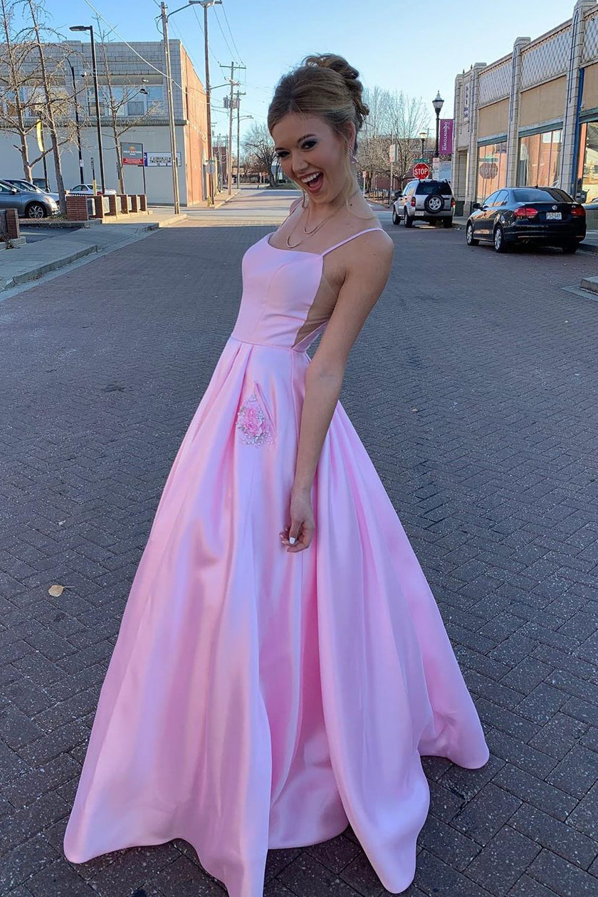 Elegant Straps A-Line Pink Long Prom Dress with Beaded Pockets - Prom Dresses - DYAVOR®