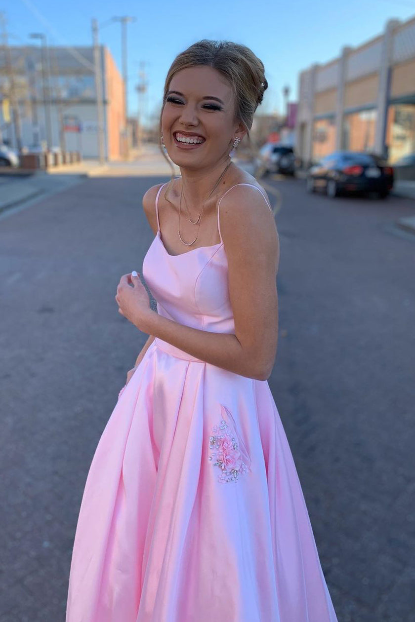 Elegant Straps A-Line Pink Long Prom Dress with Beaded Pockets - Prom Dresses - DYAVOR®