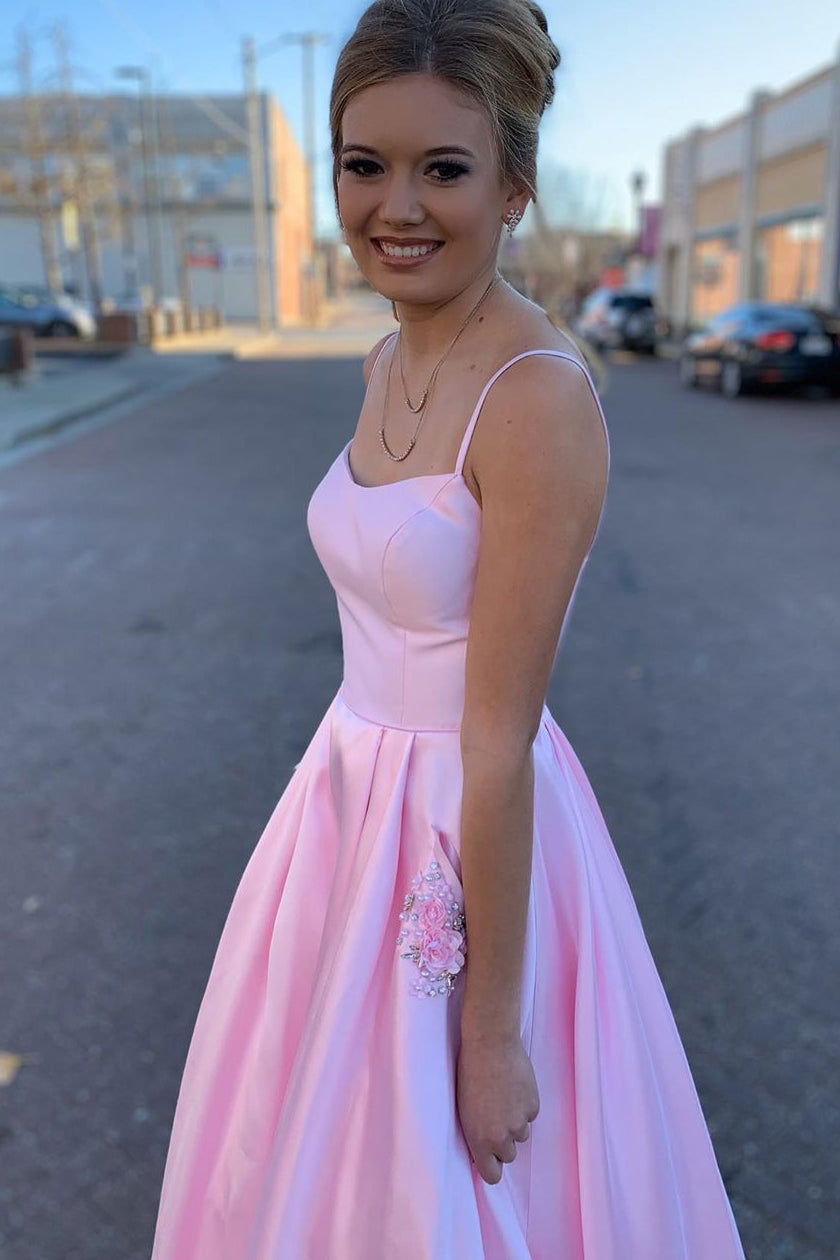 Elegant Straps A-Line Pink Long Prom Dress with Beaded Pockets - Prom Dresses - DYAVOR®