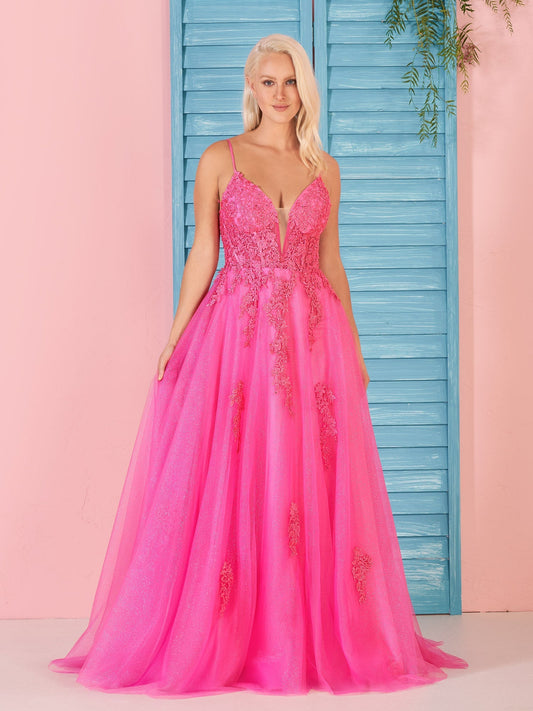 Angelina | A Line V Neck Pink Lace Long Prom Dress - Prom Dress - DYAVOR®