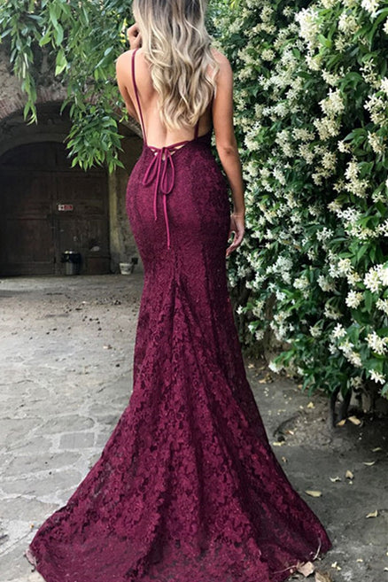 Sexy Mermaid V-Neck Burgundy Lace Prom Dress - - DYAVOR®