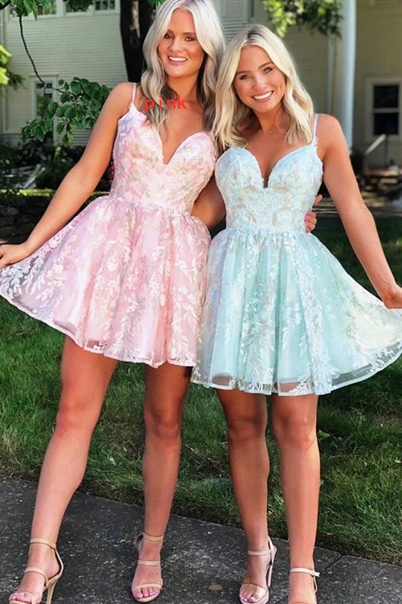 Mel |A-line Spaghetti Straps Short Lace Homecoming Dress - Homecoming Dress - DYAVOR®