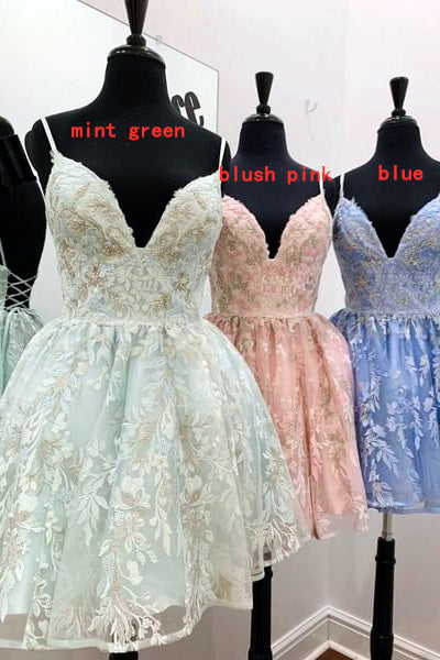 Mel |A-line Spaghetti Straps Short Lace Homecoming Dress - Homecoming Dress - DYAVOR®