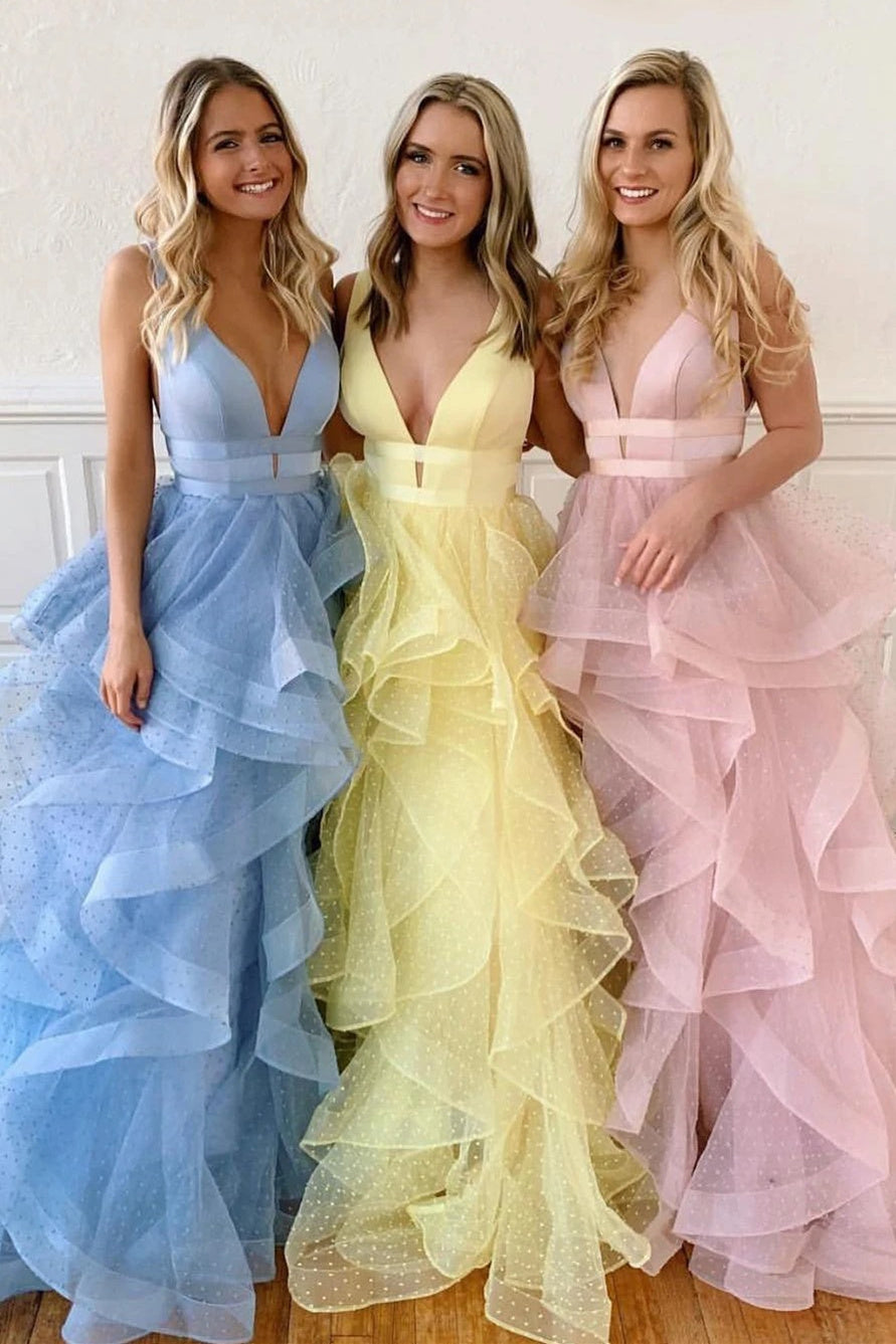 Teagan |A-line V Neck Cascading Ruffles Long Prom Dress - prom dress - DYAVOR®