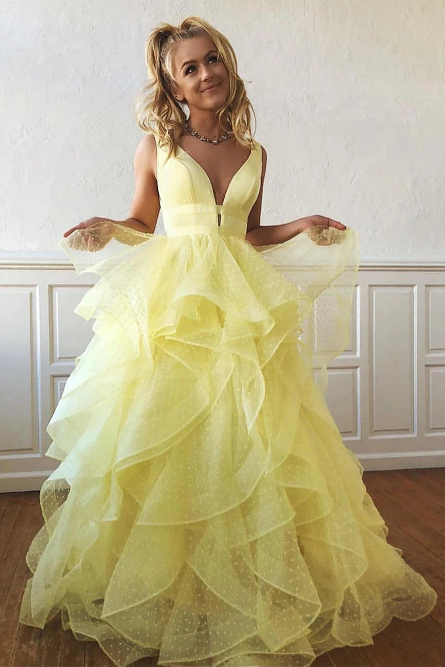 Teagan |A-line V Neck Cascading Ruffles Long Prom Dress - prom dress - DYAVOR®