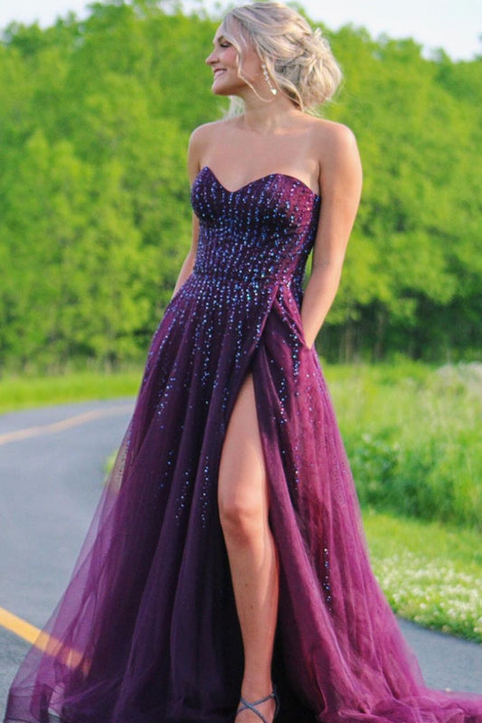 Alyssa |Sweetheart A-line Plum Tulle Prom Dress with Slit - prom dress - DYAVOR®