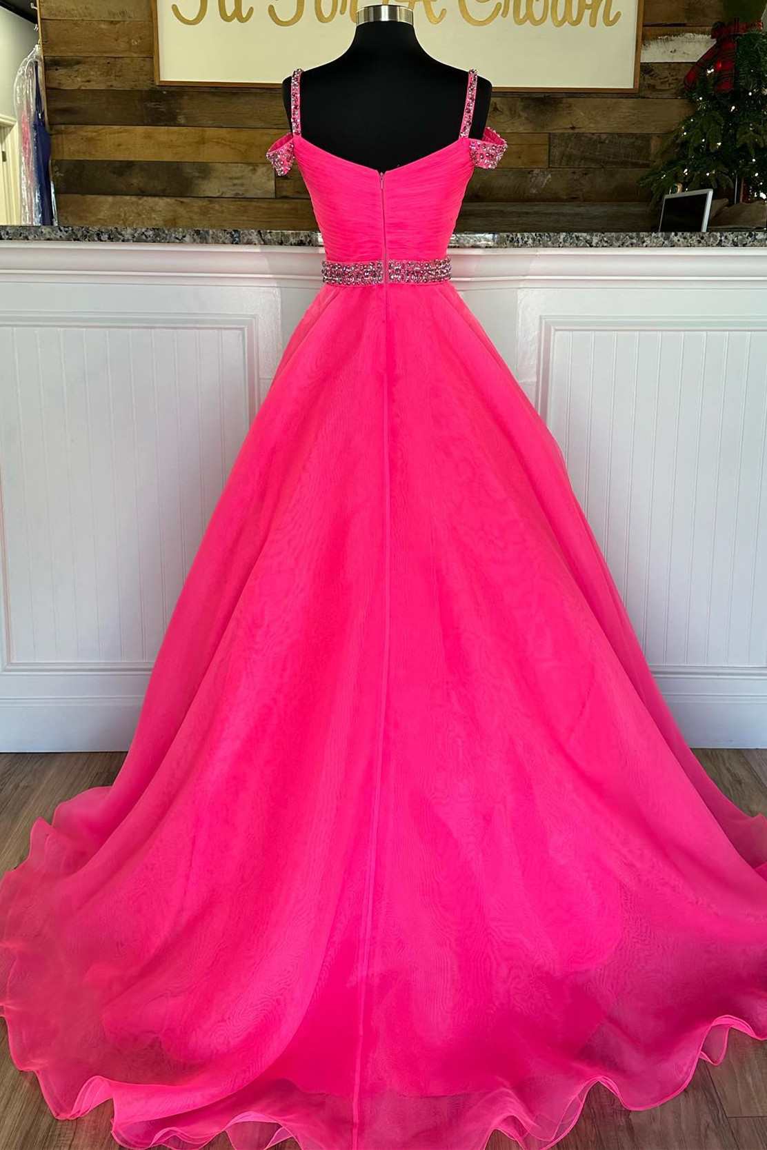 Hot Pink Beaded Cold-Shoulder A-Line Prom Dress - Prom Dress - DYAVOR®