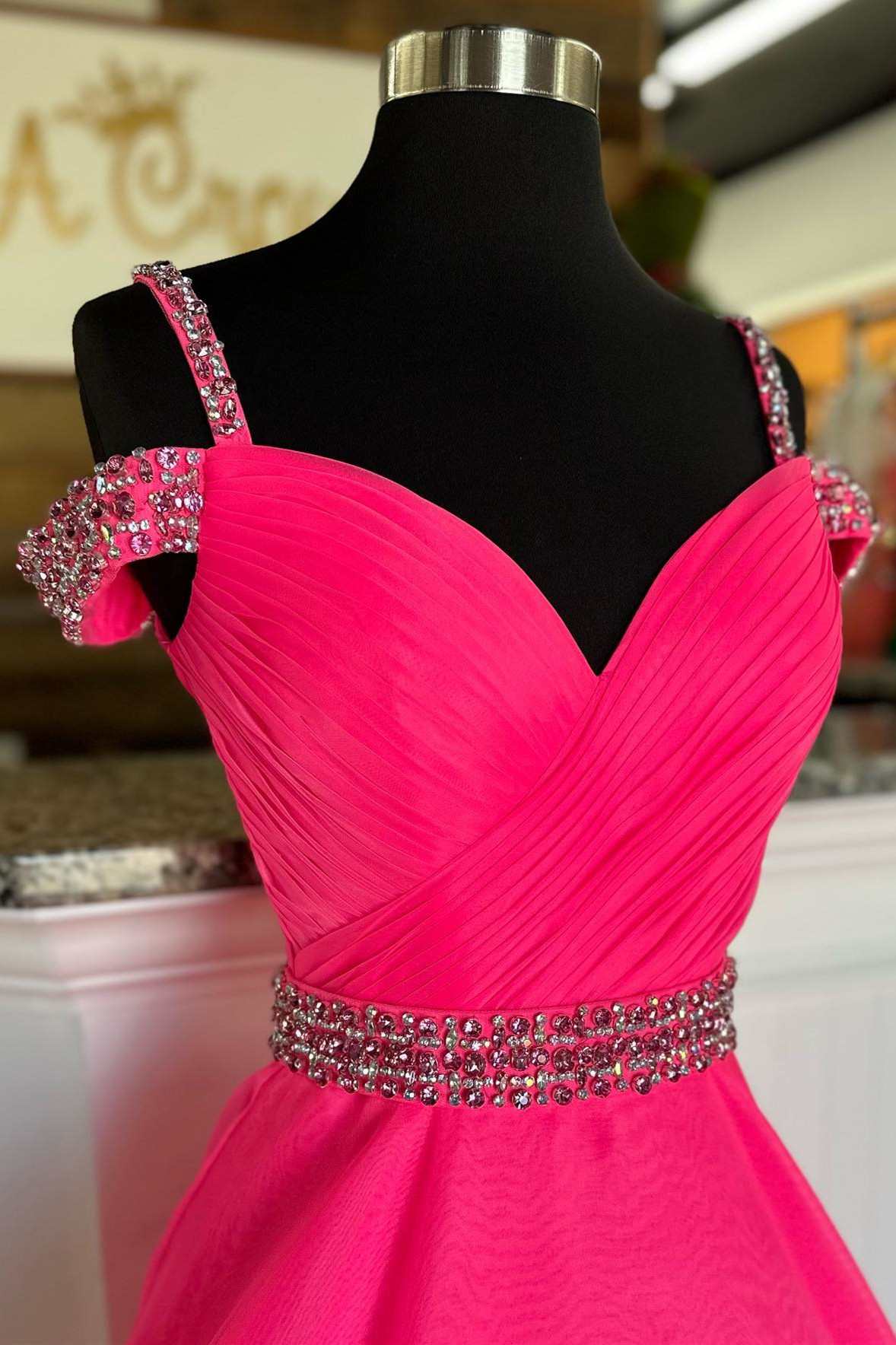 Hot Pink Beaded Cold-Shoulder A-Line Prom Dress - Prom Dress - DYAVOR®