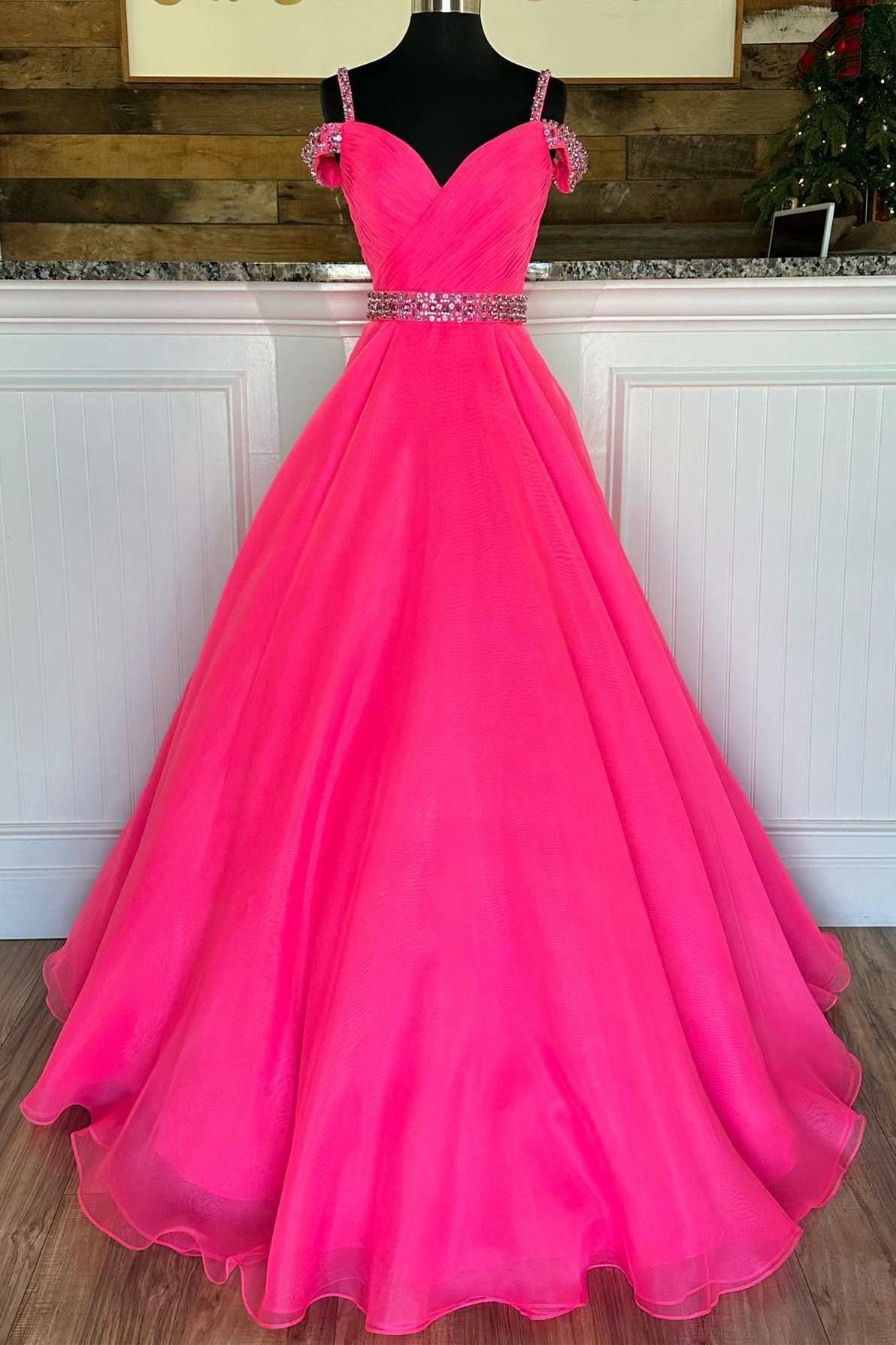 Hot Pink Beaded Cold-Shoulder A-Line Prom Dress - Prom Dress - DYAVOR®