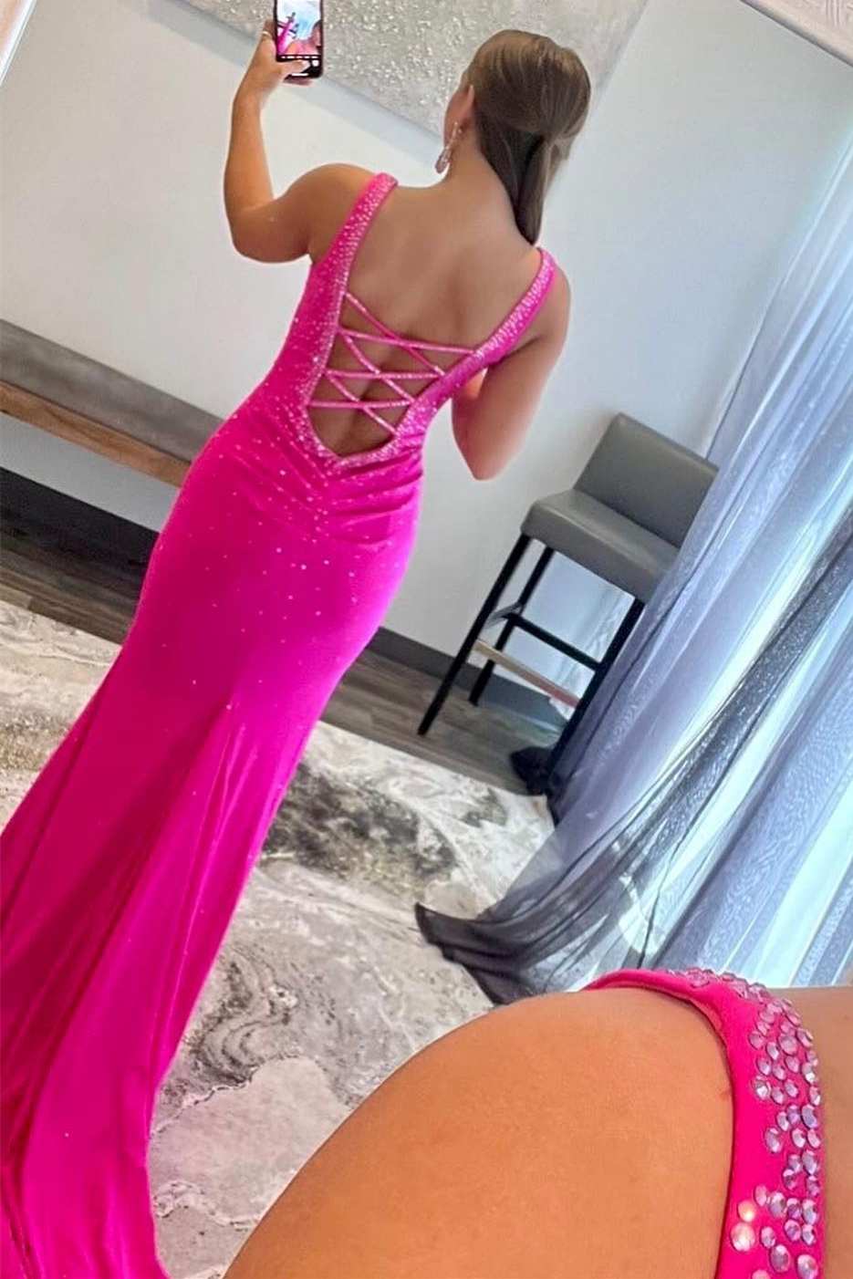 Elle |Mermaid V-Neck Beaded Satin Prom Dress with Cross Back - Prom Dress - DYAVOR®