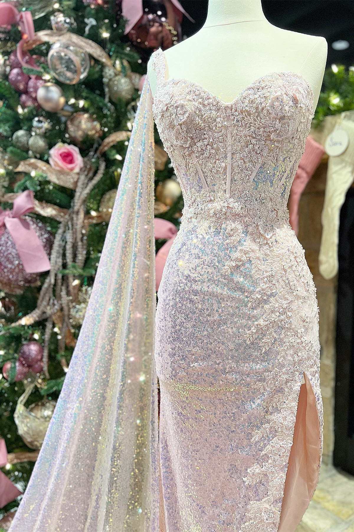 Pink Sequin Lace Sweetheart High-Low Prom Dress with Attached Train - Prom Dress - DYAVOR®