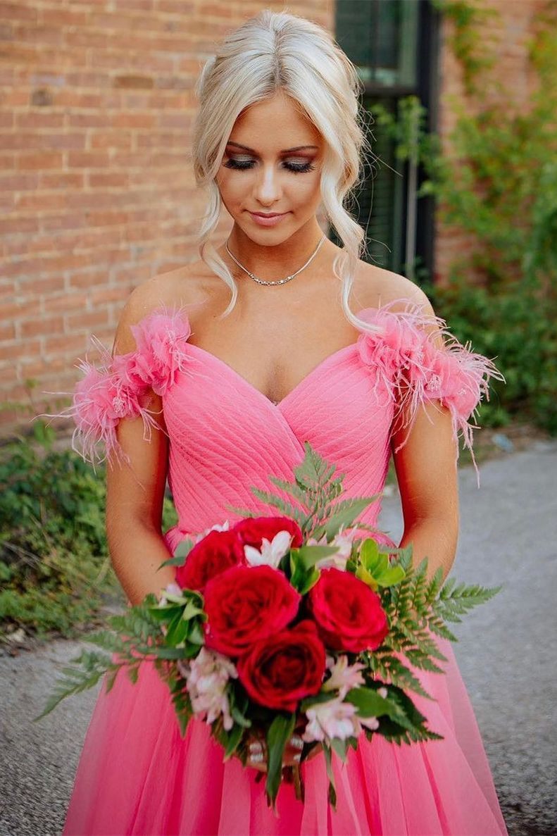 Off the shoulder Coral Long Prom Dress - Prom Dresses - DYAVOR®
