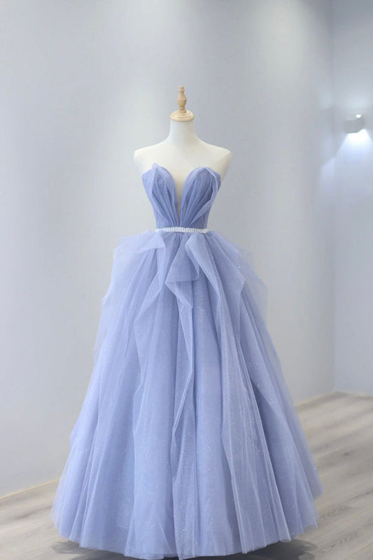 Aleah | Blue Strapless Tulle Long Prom Dress, Lovely Sweetheart Neckline Evening Dress - Prom Dress - DYAVOR®