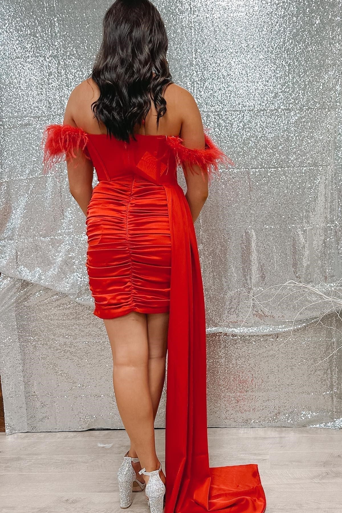 Haley | Red Halter Ruching Homecoming Dress with Attached Train - Prom Dress - DYAVOR®