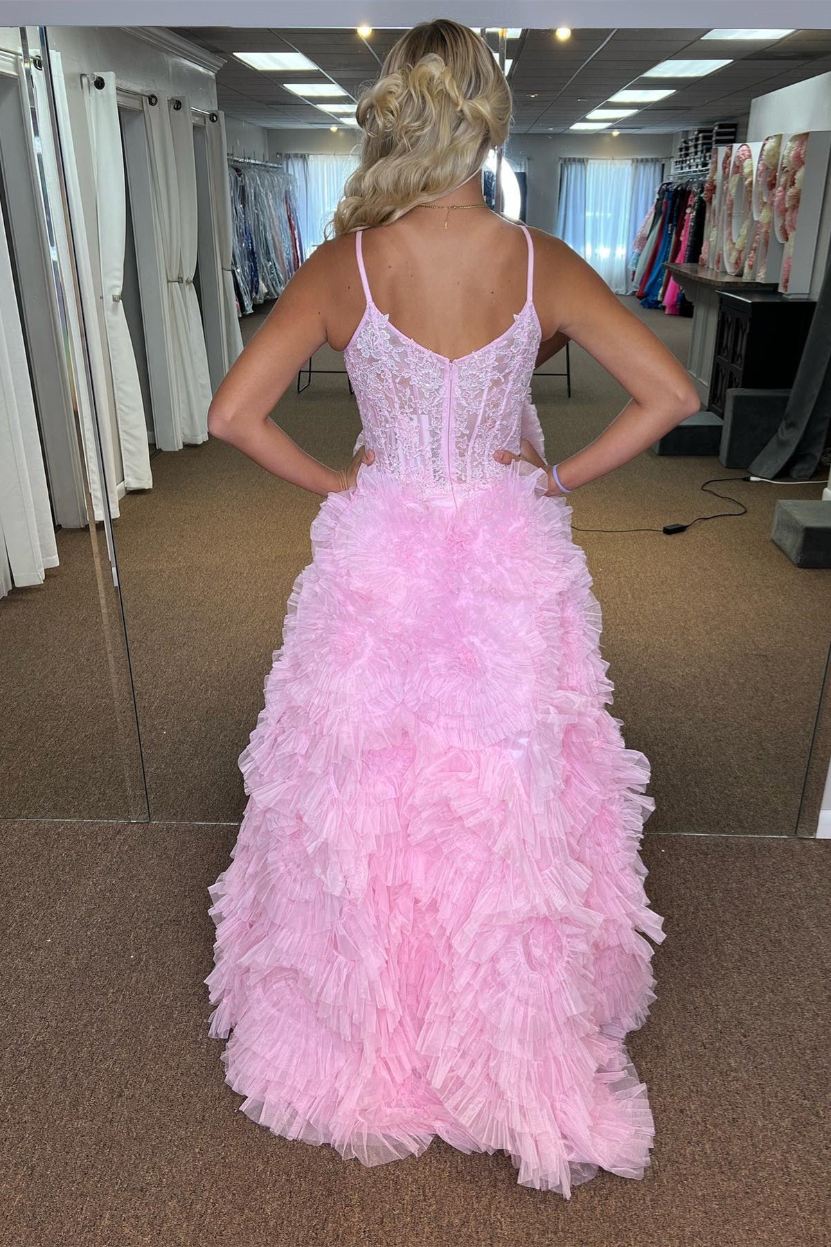 Tiffany | Pink Plunging V Ruffles Floral Long Prom Dress with Slit - Prom Dress - DYAVOR®