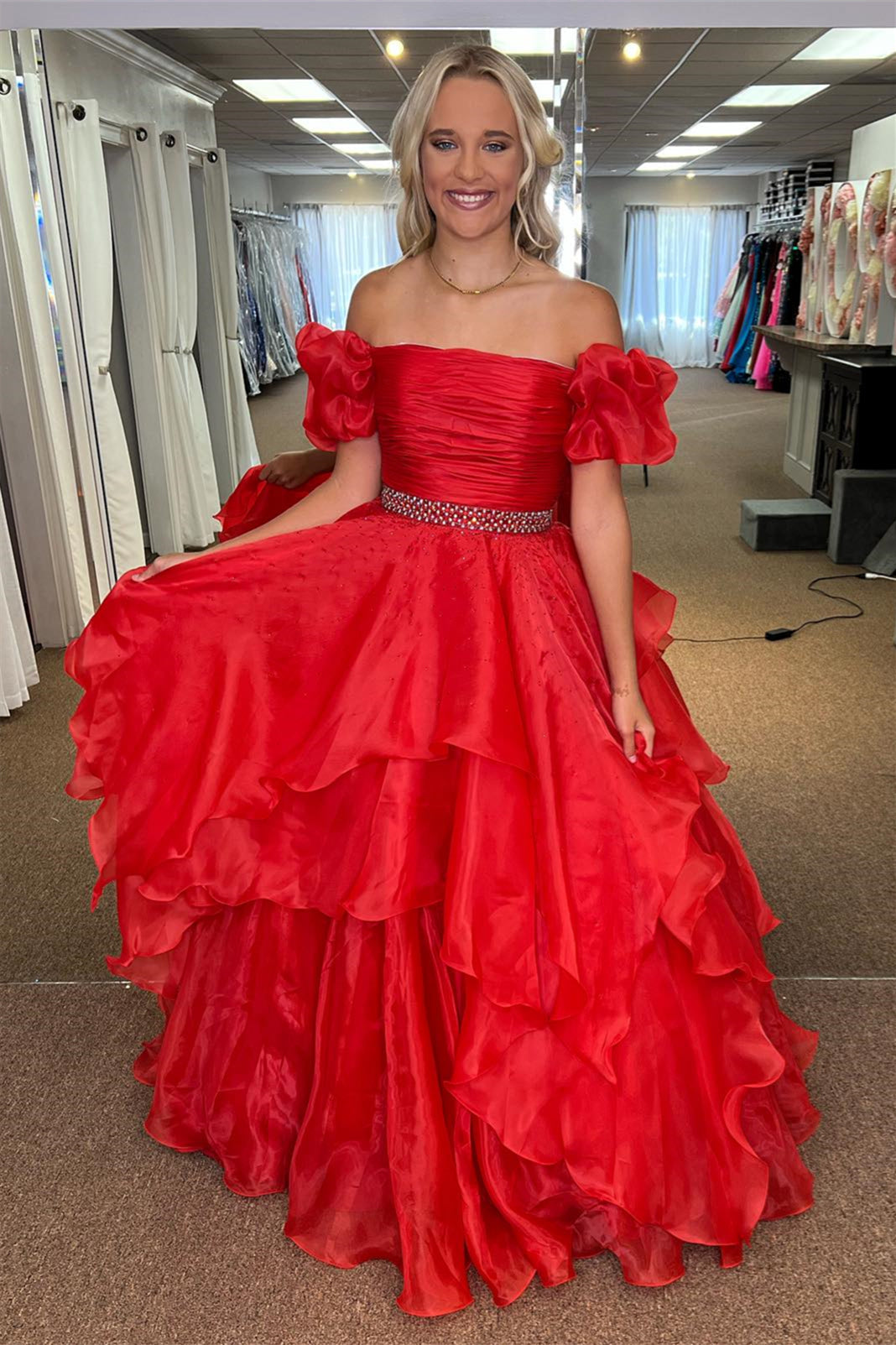 Giovanna | Red Off-the-Shoulder Layers Beaded Tulle Long Prom Dress - Prom Dress - DYAVOR®