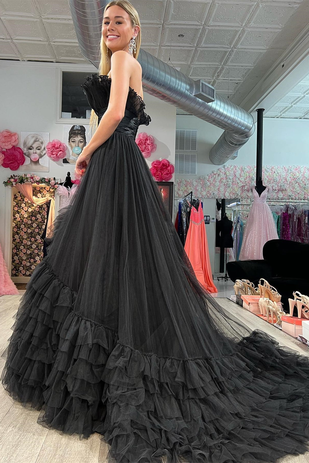 Alani |A-Line Strapless Pink Tiered Long Tulle Prom Dress - Prom Dress - DYAVOR®