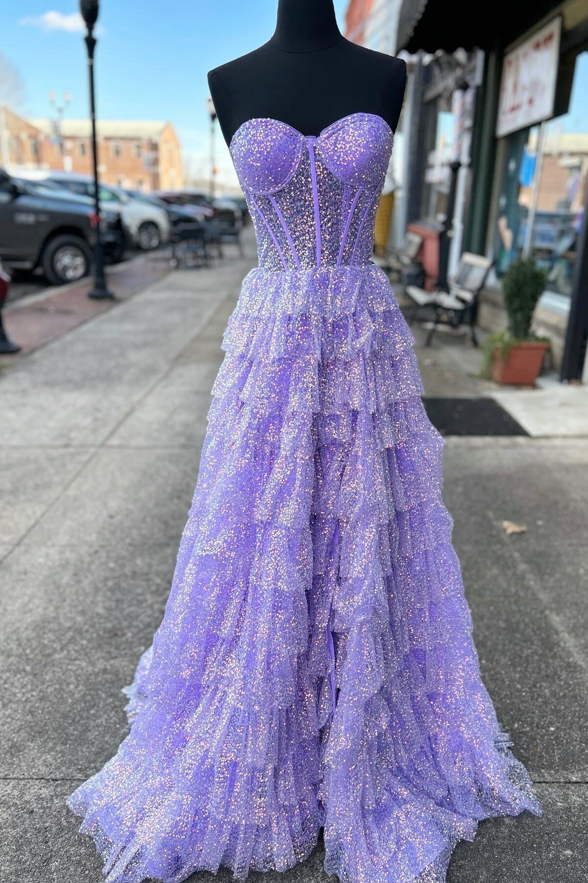 Eleanor | Glitter Tulle Corset Ruffle Tiered Long Prom Dress with Slit - Prom Dress - DYAVOR®