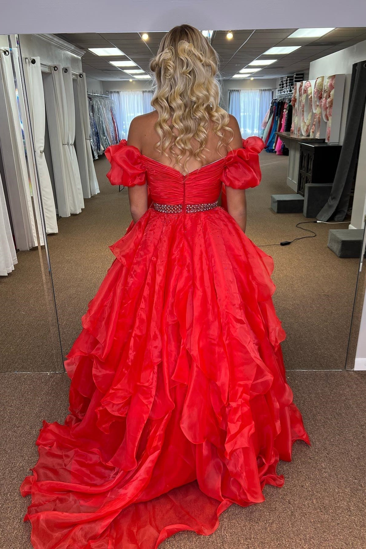 Giovanna | Red Off-the-Shoulder Layers Beaded Tulle Long Prom Dress - Prom Dress - DYAVOR®