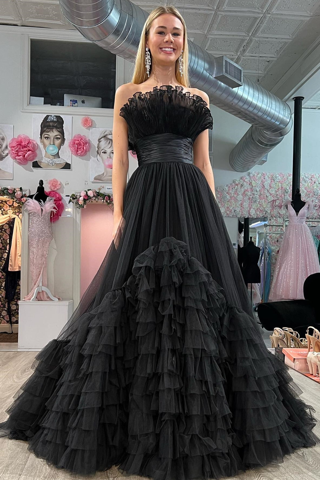 Alani |A-Line Strapless Pink Tiered Long Tulle Prom Dress - Prom Dress - DYAVOR®