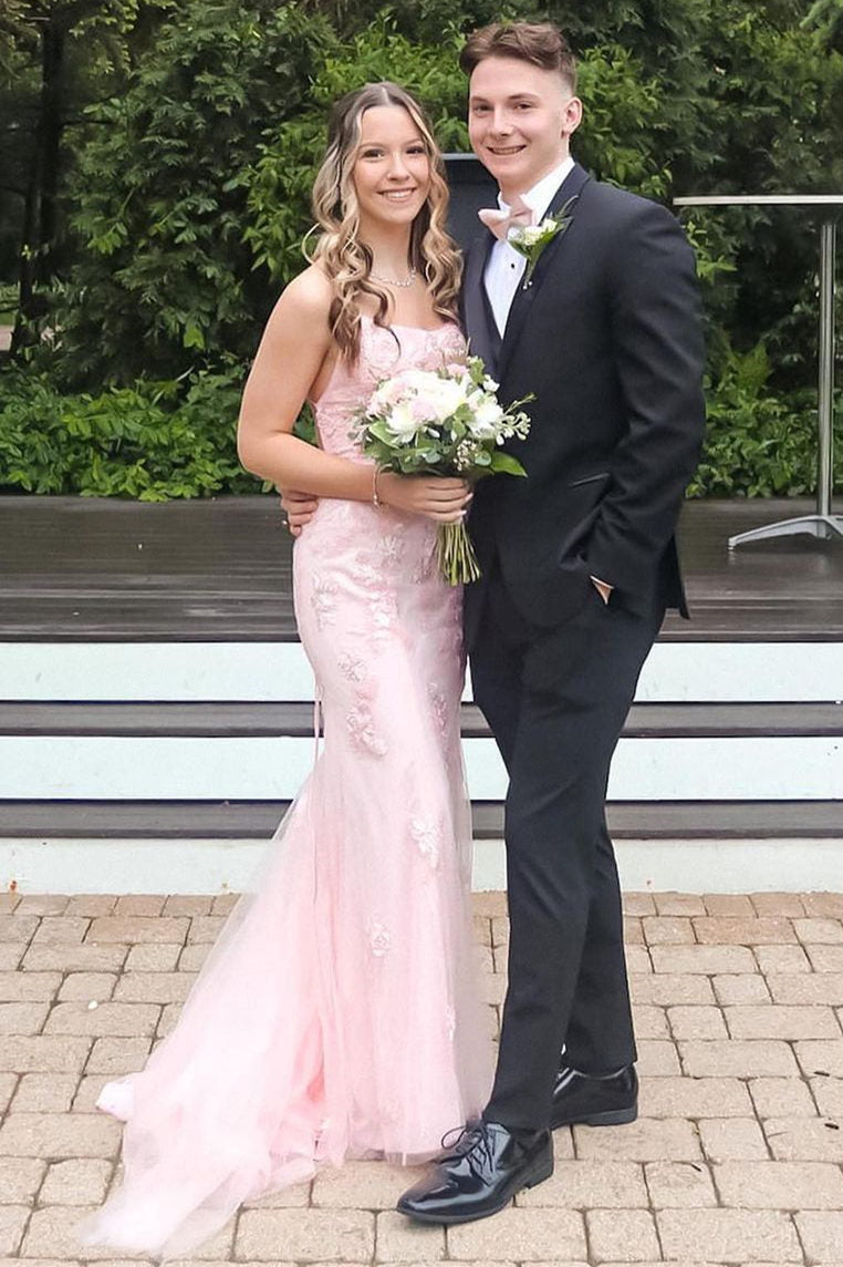 Pink Straps Mermaid Long Prom Dress with Appliques - Prom Dresses - DYAVOR®