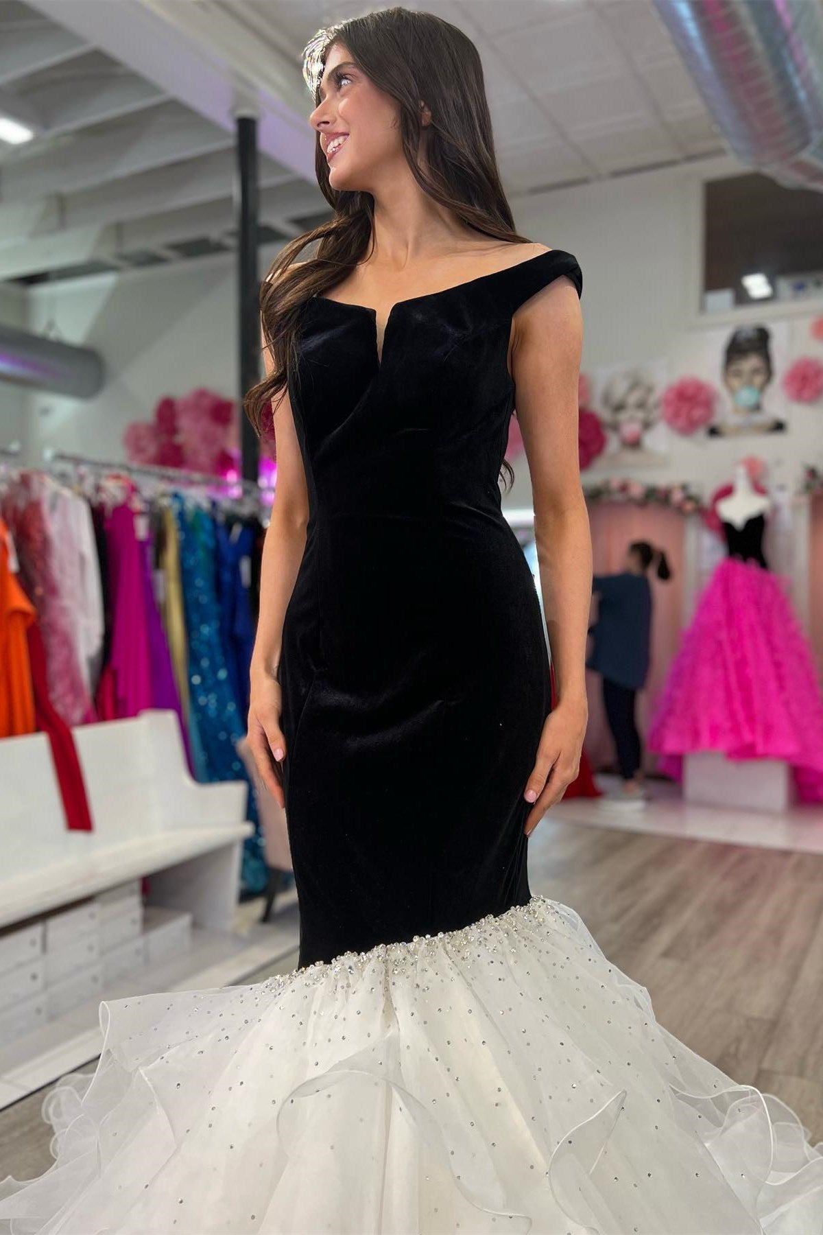 Black Velvet Off-the-Shoulder Multi-Layer Trumpet Formal Gown - Prom Dress - DYAVOR®