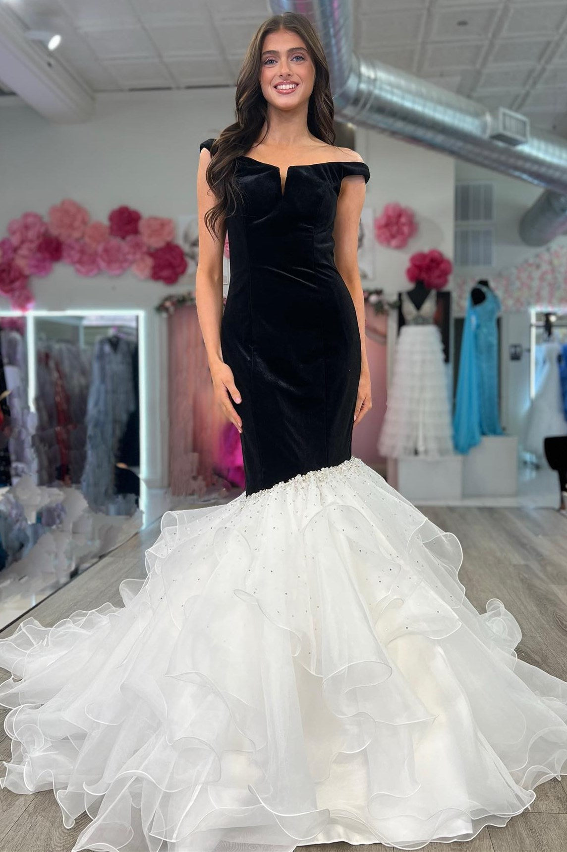 Black Velvet Off-the-Shoulder Multi-Layer Trumpet Formal Gown - Prom Dress - DYAVOR®
