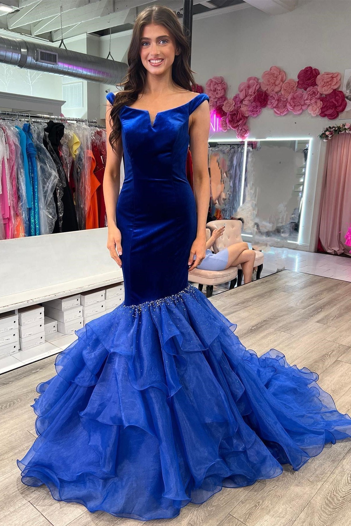 Black Velvet Off-the-Shoulder Multi-Layer Trumpet Formal Gown - Prom Dress - DYAVOR®