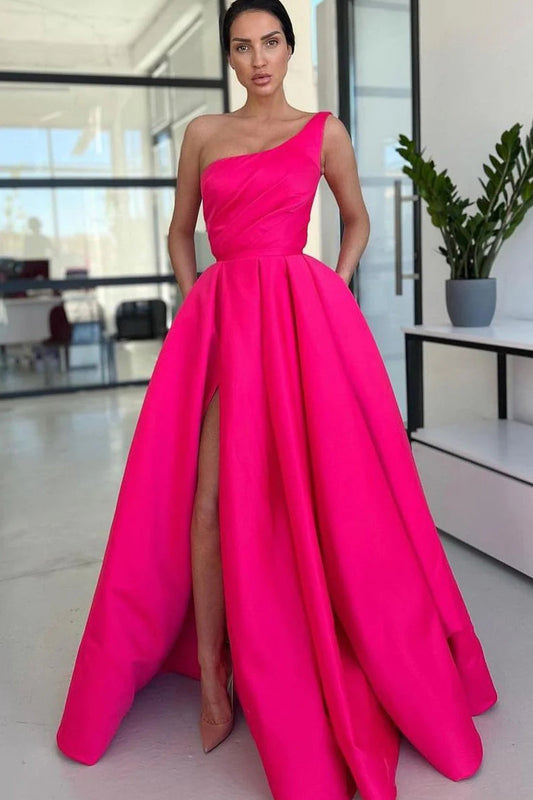 Ariella | Charming A Line One Shoulder Fuchsia Sequins Long Prom Dresses with Slit - Prom Dress - DYAVOR®