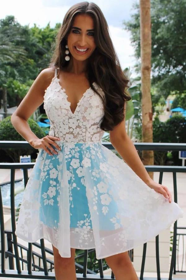 Rosalind |A-Line V-Neck Sky Blue Homecomig Dress with Appliques - Homecoming Dress - DYAVOR®