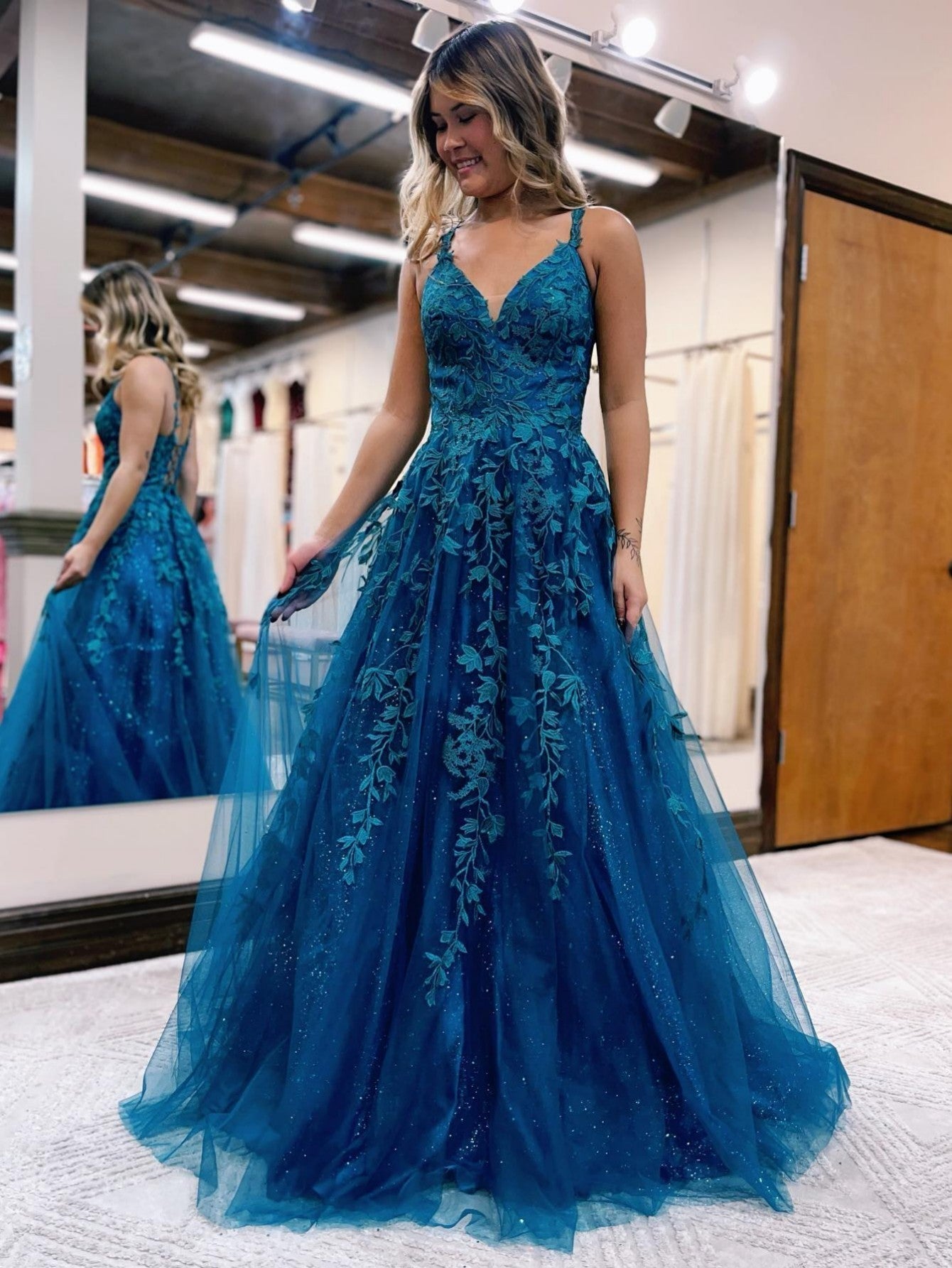 Veronica |A Line Ink Blue Glitter Tulle Lace Prom Dress - Prom Dress - DYAVOR®
