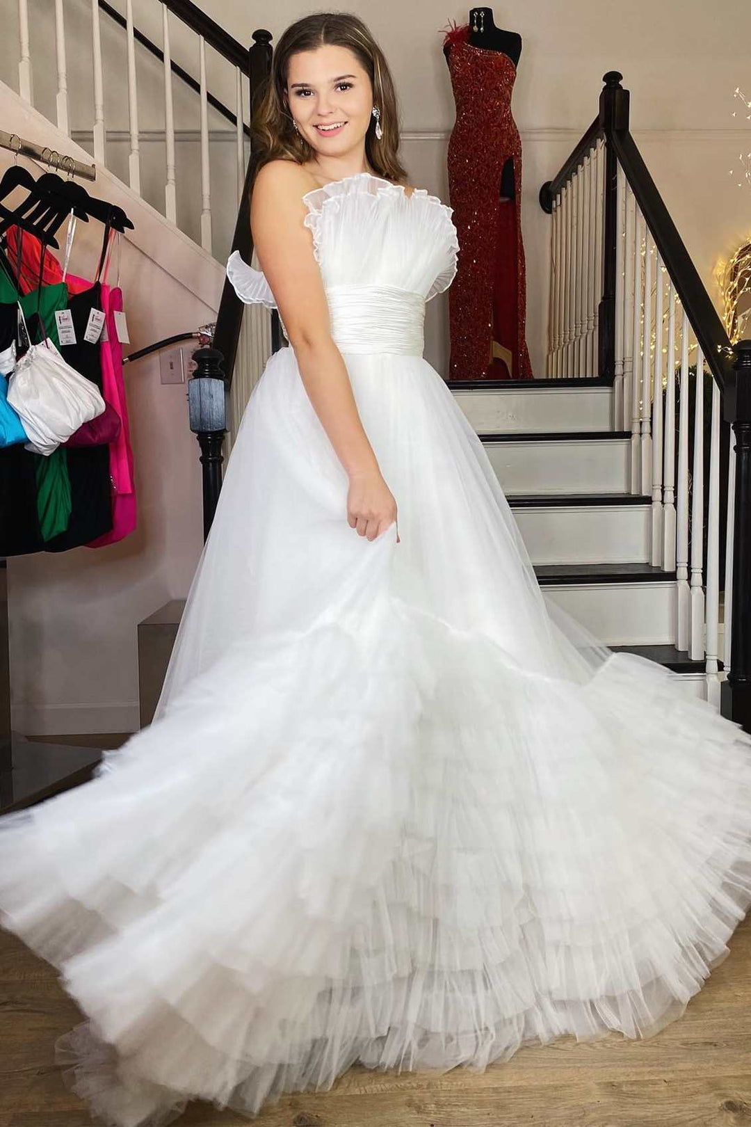 Alani |A-Line Strapless Pink Tiered Long Tulle Prom Dress - Prom Dress - DYAVOR®