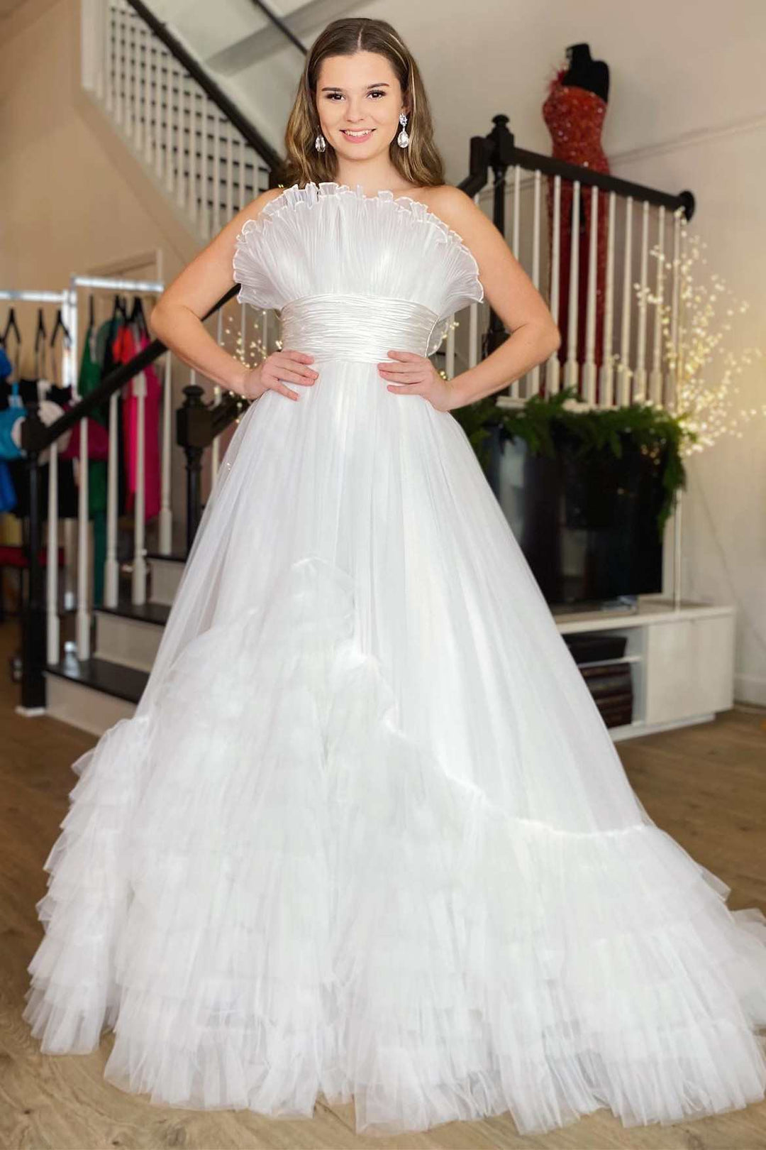 Alani |A-Line Strapless Pink Tiered Long Tulle Prom Dress - Prom Dress - DYAVOR®
