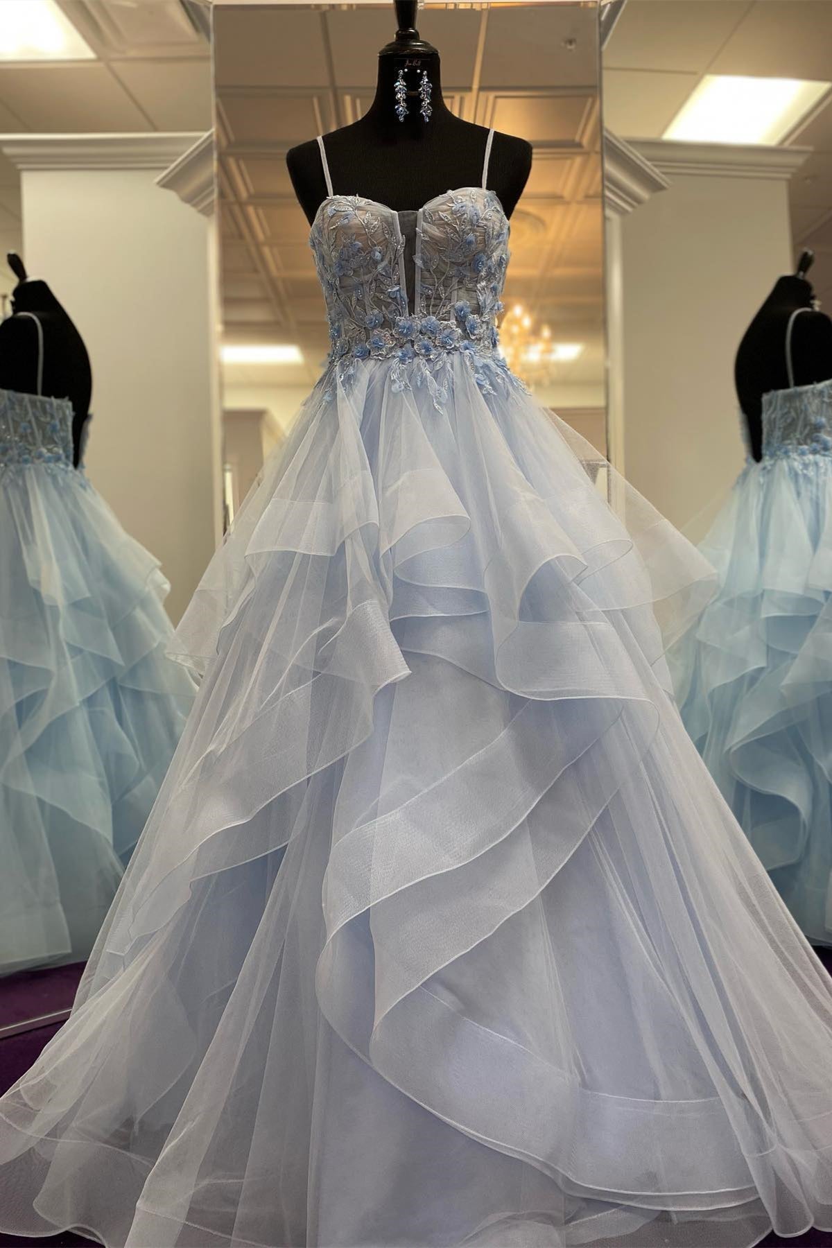 Channel | Light Blue Straps Layers Floral A-line Long Prom Dress - Prom Dress - DYAVOR®