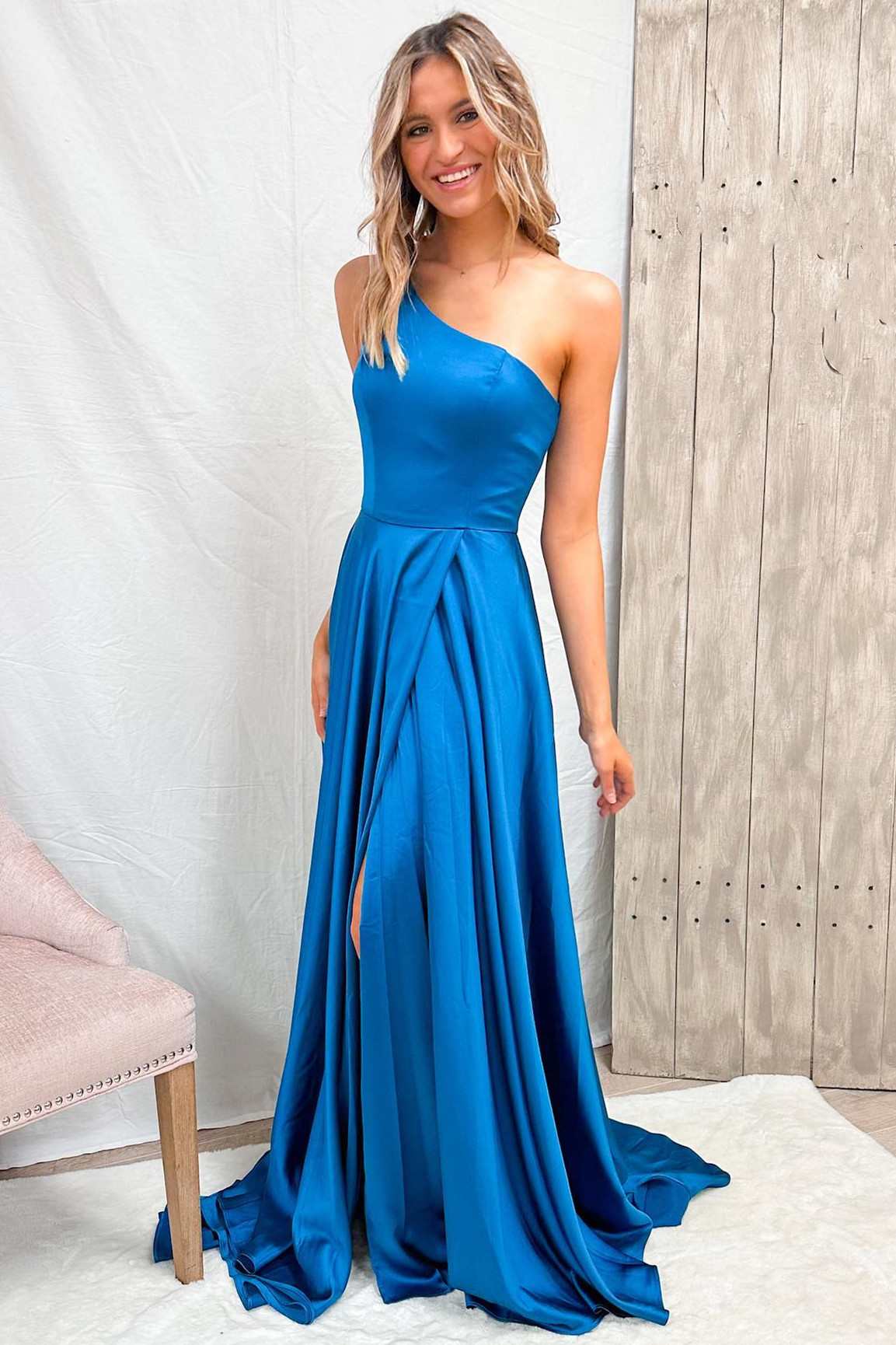 Blue One-Shoulder Wrap A-Line Prom Dress - Prom Dress - DYAVOR®