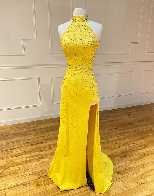 Aliyah | High Neck Mermaid Yellow Prom Dress with Split - Prom Dress - DYAVOR®