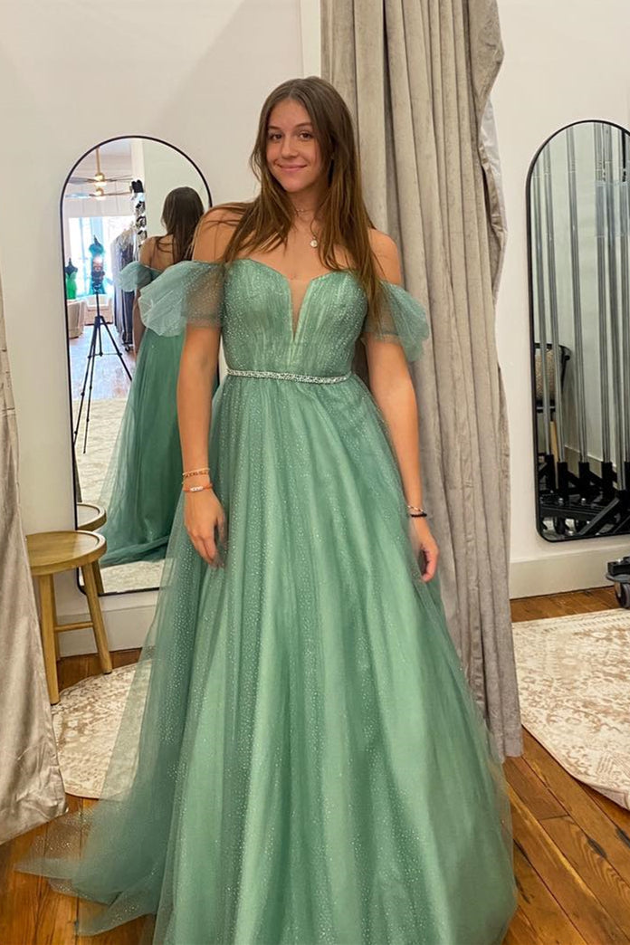Lilyana | Sea Glass Tulle A-line V Neckline Off-Shoulder Long Prom Dress - Prom Dress - DYAVOR®