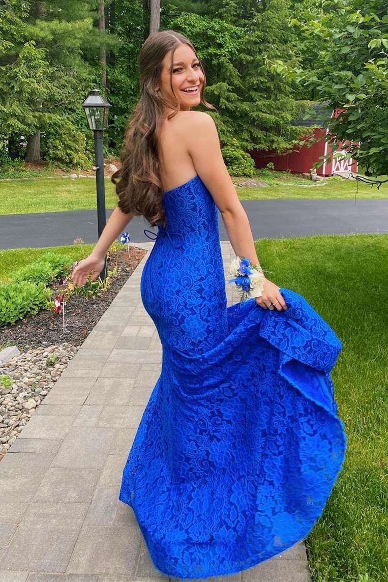 Strapless Royal Blue Lace Prom Dress with Slit - prom dress - DYAVOR®
