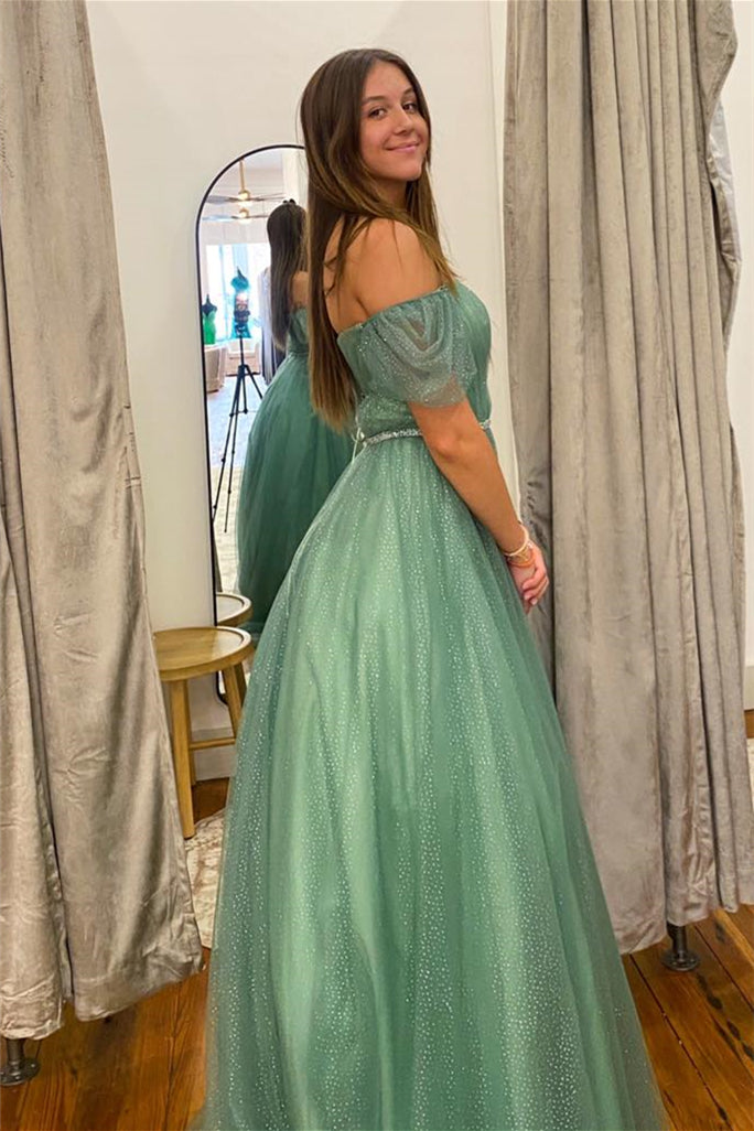 Lilyana | Sea Glass Tulle A-line V Neckline Off-Shoulder Long Prom Dress - Prom Dress - DYAVOR®